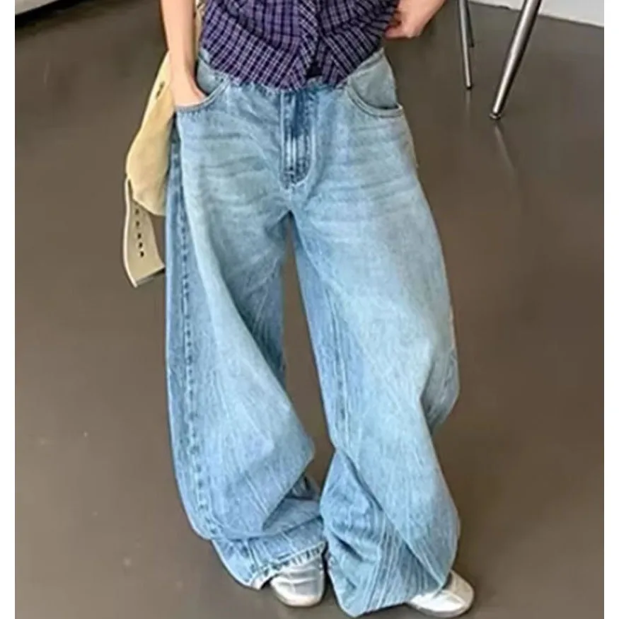 

Женские винтажные синие мешковатые джинсы Y2k, осень 202, Harajuku, джинсовые брюки-бойфренды, уличная одежда, брюки 2000-х, 90-х годов, одежда больших размеров