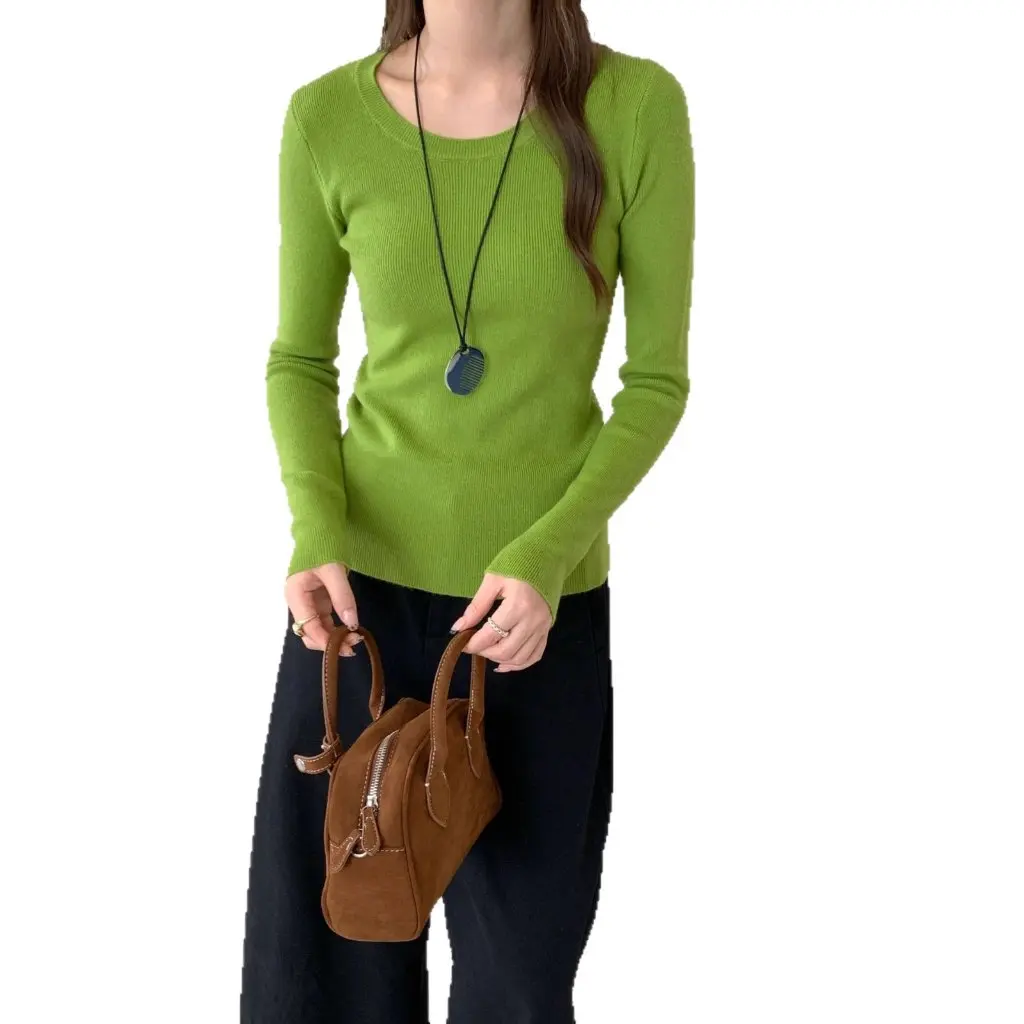 

Корейская облегающая рубашка с круглым вырезом ярких цветов из бархатной пряжи из допаминового волокна, базовая нижняя рубашка для женщин, уменьшающая возраст внутренняя одежда