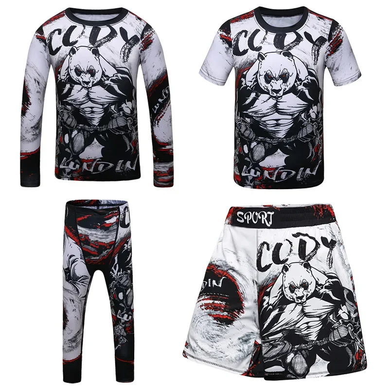 4PCS Sport Suit Kids Compression Shirt Pants Shorts Set Children Boy MMA Rashguard Jiu Jusit Bjj GI Muay Thai Running Sportsuits