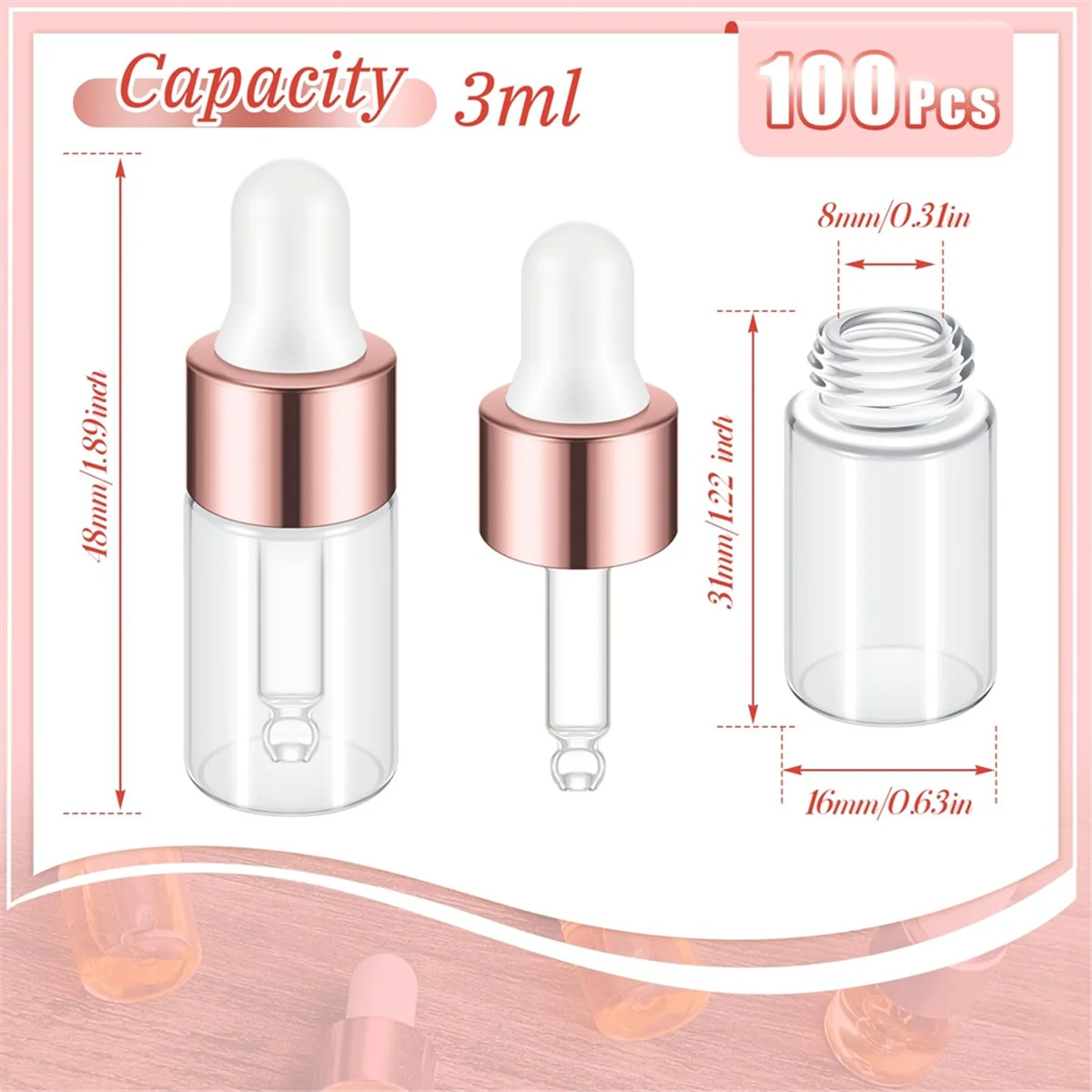 100Pcs Mini Glass Dropper Bottle Clear Essential Oil Dropper Bottles Glass Dropping Sample Containers for Traveling 3Ml