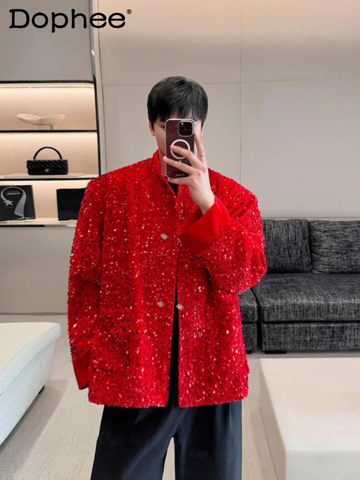 Early Spring New Sequined Red Suit Men's Casual Jacket Costume Long Sleeve Solid Color Loose Comfortable Stand Collar Clothes