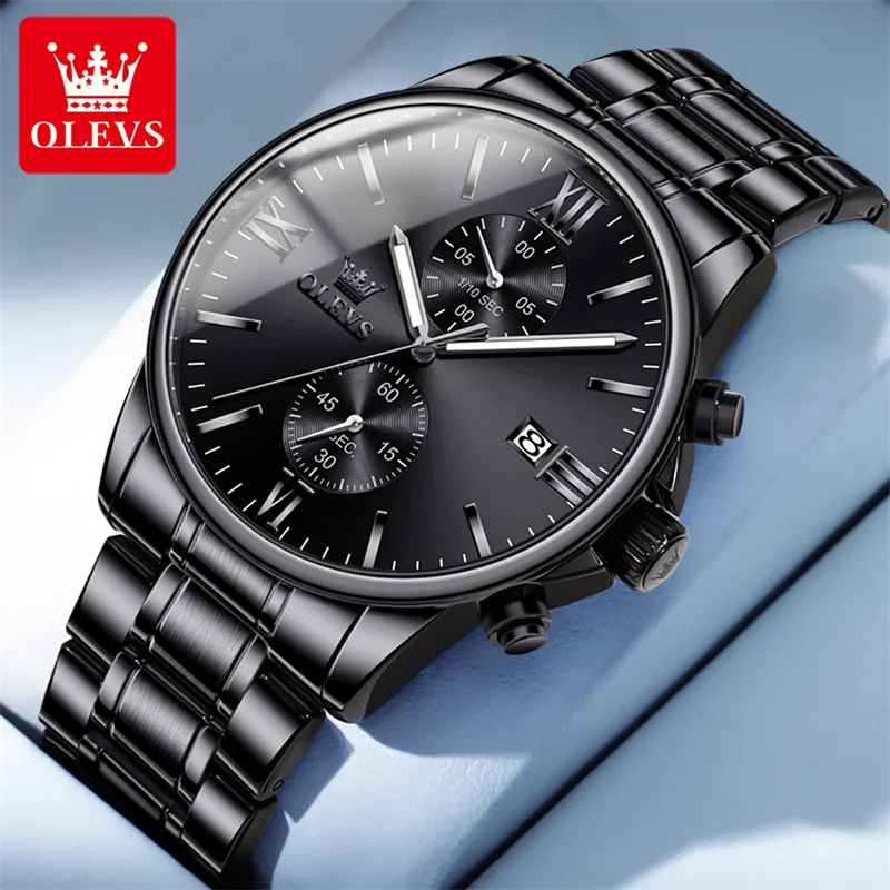 OLEVS Black Steel Mesh Belt Quartz Watch Men Ultra Thin Chronograph Luxury Brand Waterproof Male Watches Relogios Masculinos