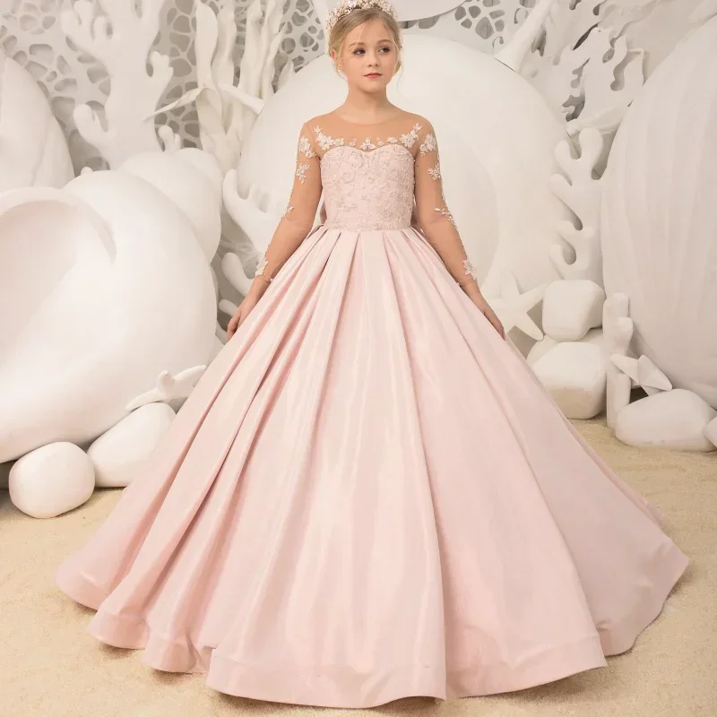 

Flower Girl Dresses Pink Satin White Flory Pattern With Bow Long Sleeve For Wedding Birthday Party Banquet Gowns Customized