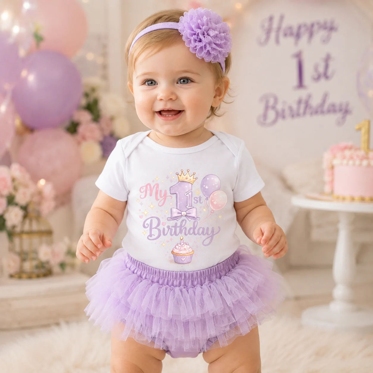 Infant Baby Girl 1st Birthday Tutu Outfit Set Print Bodysuit Purple Tulle Skirt Flower Headband 1 Year Old Birthday Party Photo