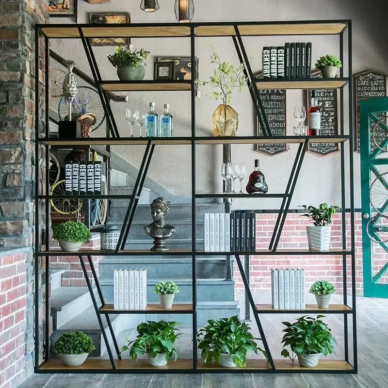 Industrial Wrought Iron Solid Wood Partition Shelf Bookcase Room Divider Screen Display Rack for Office Entrance Living Room
