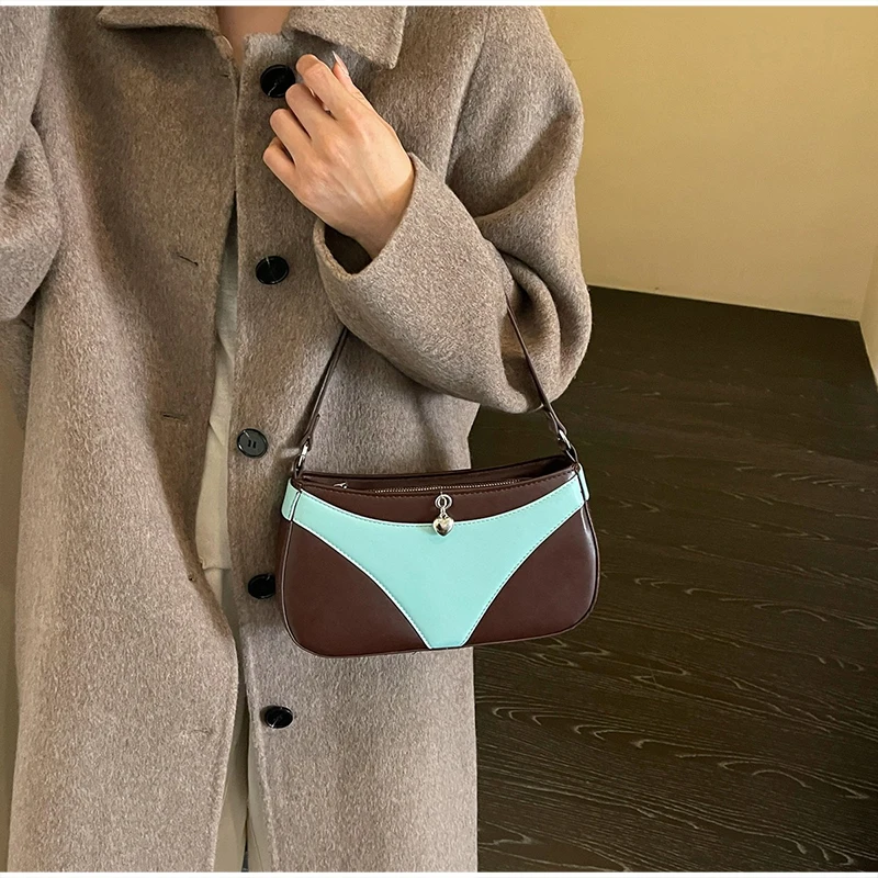 Umhängetasche, Handtasche in V-Form, kreative, modische Vintage-Handtasche für Damen, ideal für den täglichen Gebrauch und den Weg zur Arbeit, mit Farbblock-Design. – Detail 13