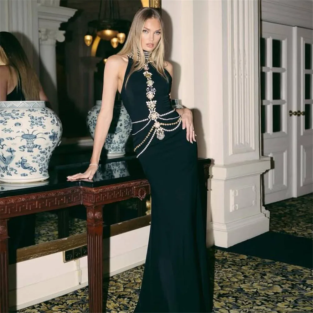 Recién llegado, vestido Sexy de mujer con hombros descubiertos, cadena de cristal brillante, vestido ceñido largo, vestido elegante de fiesta de noche y regreso a casa