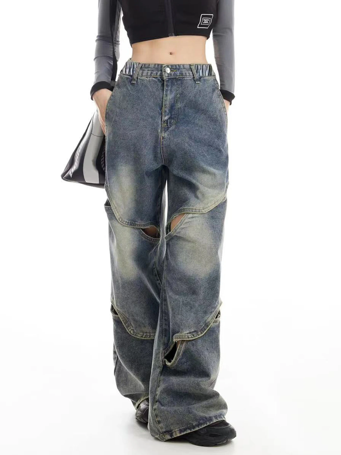 

Teenage Girl's Blue Patchwork Stylish Streetwear Denim Trousers - Loose-Fit Wide-Leg Slimming Casual All-Match Student Straight