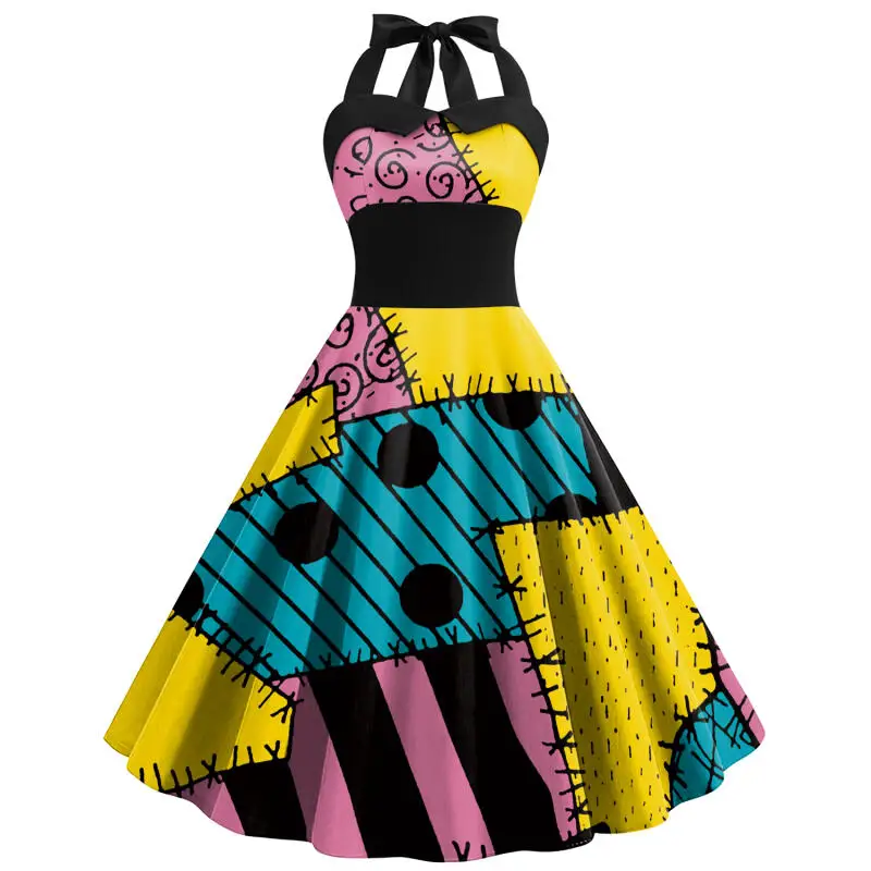 Halloween Sally Kostüm für Damen, Neckholder-Kleid mit Rückenband, A-Linien-Schwingkleid, Patch-Print, Retro-Kleid, Ausgefallene Karnevalsparty-Outfits – Detail 2