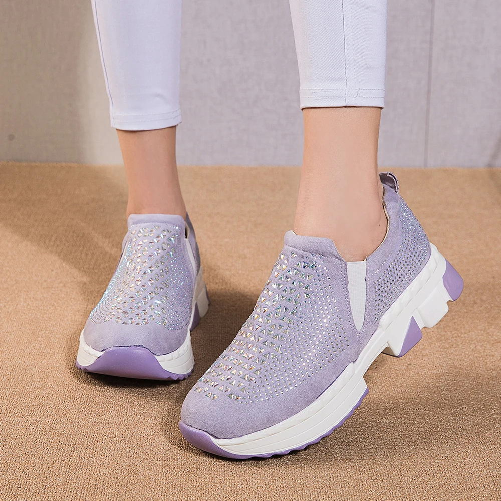 Rhinestone Women Sock Sneakers Thick Sole Comfortable Lady Tenis Soft Platform Light Lazy Loafer Crystal Summer Girl Flat Shoes