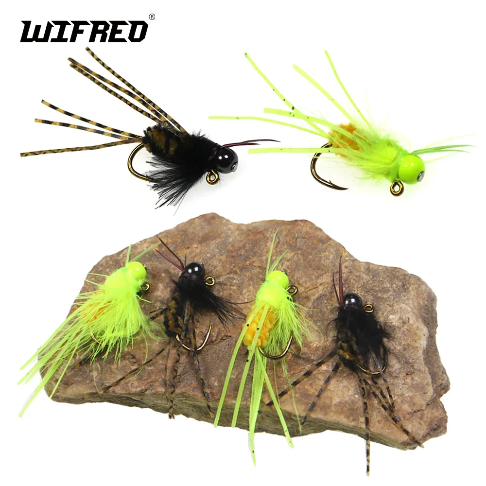 Wifreo 3pcs/4pcs Rubber Legs Jig Stonefly Nymph Brass Bead Head Girdle Bug Jig Fly Barbed Fly Tying Hook #4 Trout Fishing Lures