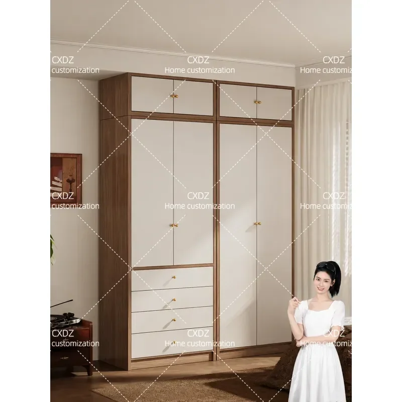 Wood Grain Wardrobe Bedroom Household Formaldehyde Free Locker Steel Antique Metal Combination Closet Storage Cabinet