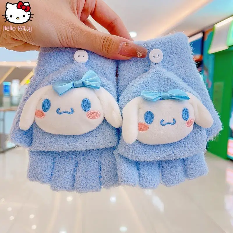 

Cinnamoroll boy Hello Kitty Thickened Flip Five Finger Gloves Anime Cartoon Girl kawaii Warm Sanrio Fashion Knitted Finger Glove
