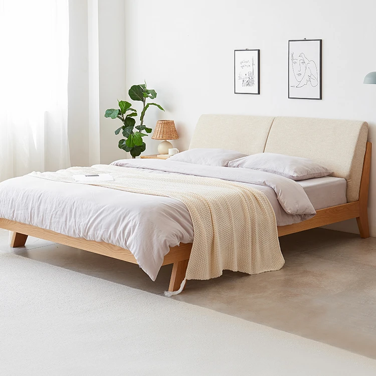 

-yy B4018 Nordic Style Solid OAK Wood Bedroom Furniture Queen Bed Frame with Upholstered