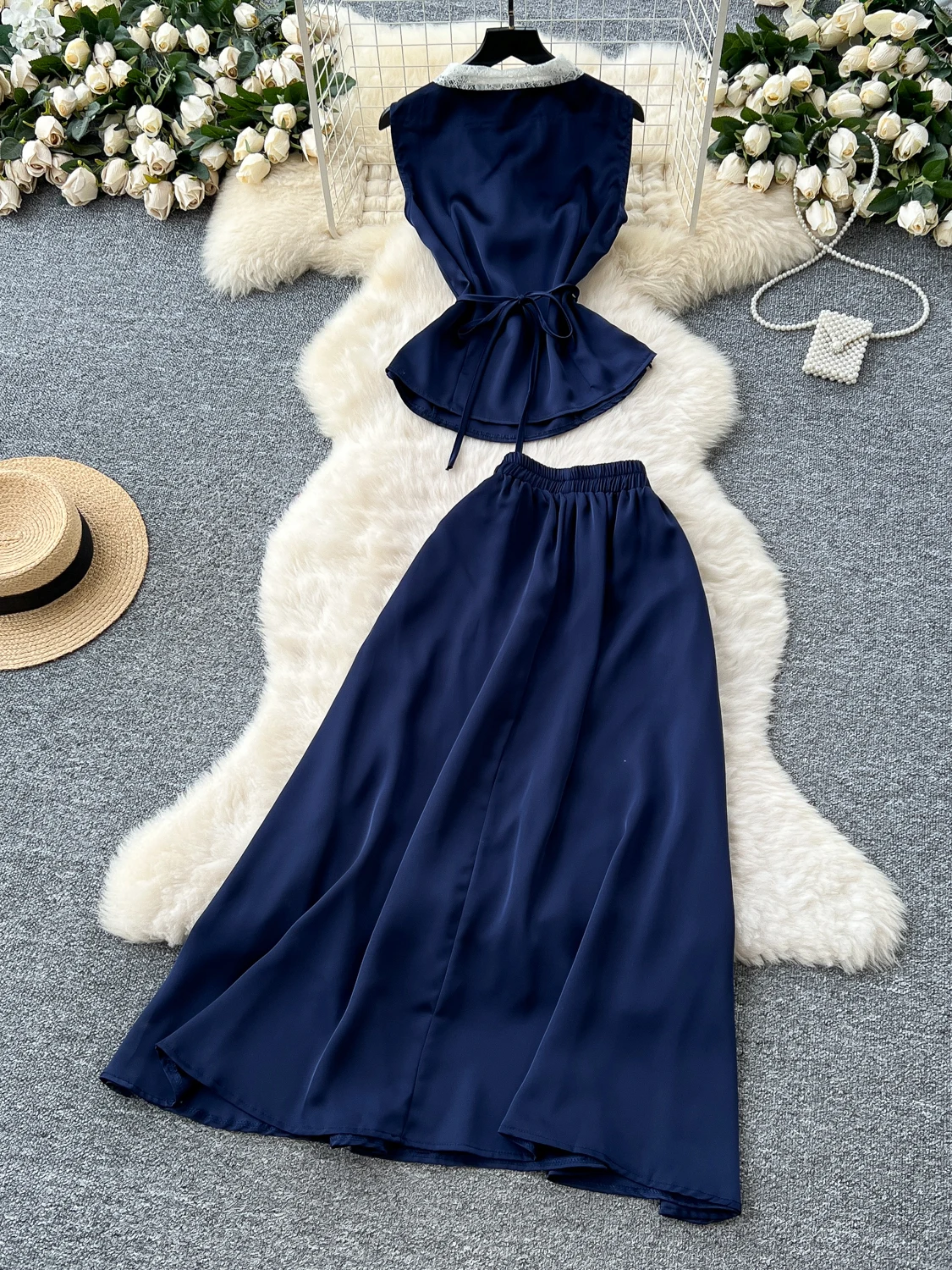 

Ele High Waist Draped Lace Svel Silk Top And Skirt Set Women's Summer Faion Outfit f-length Skirt