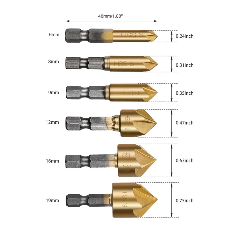 Bộ 6 Lục Giác Tay Cầm 5 Lưỡi Dao Vát Cạnh Titan Gỗ Mũi Khoan Countersunk Khoan Countersunk Đánh Chìm Hạt Với 1 cent