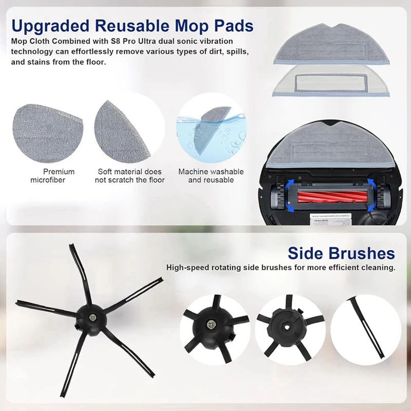 Piezas de Robot aspirador Roborock S7 Maxv Ultra/ S7 Max Ultra, Cepillo Lateral principal, filtro Hepa, paños de fregona, bolsas de polvo
