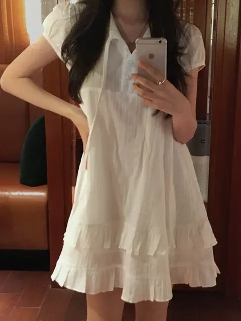 Chic White A-Line  Dr Women's Faionable Turn-down Collar Cute ort Sve Gown Korean Sle Princ Skirt for Date