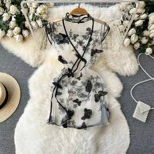 Slim Split Sexy, Hollow, butterfly embroidery dress, divided suit, pure traditional mesh, cheongsam stripe 10 Main Sales Butterfly Dress - №1