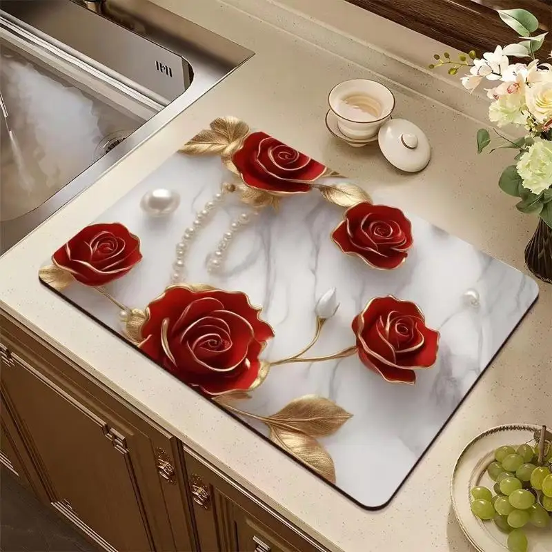 (BF06)1PC Colorful White Flower Drainage Mat, Blue Red Center Floral Pattern, Non-Slip Silicone Kitchen Countertop Drying Pad