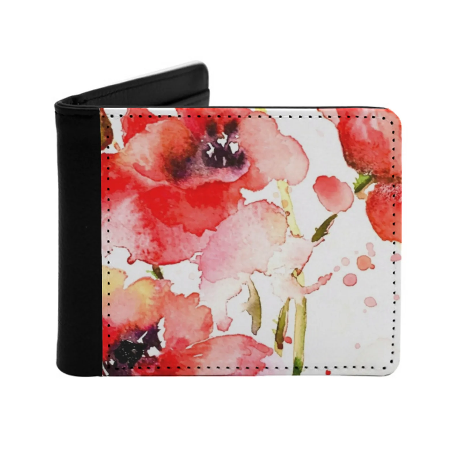 Red Poppy Modern Watercolor Short Men's Wallet Multifunction Purse Male Pu Leather Wallet Flower Watercolor Modern Colour Red