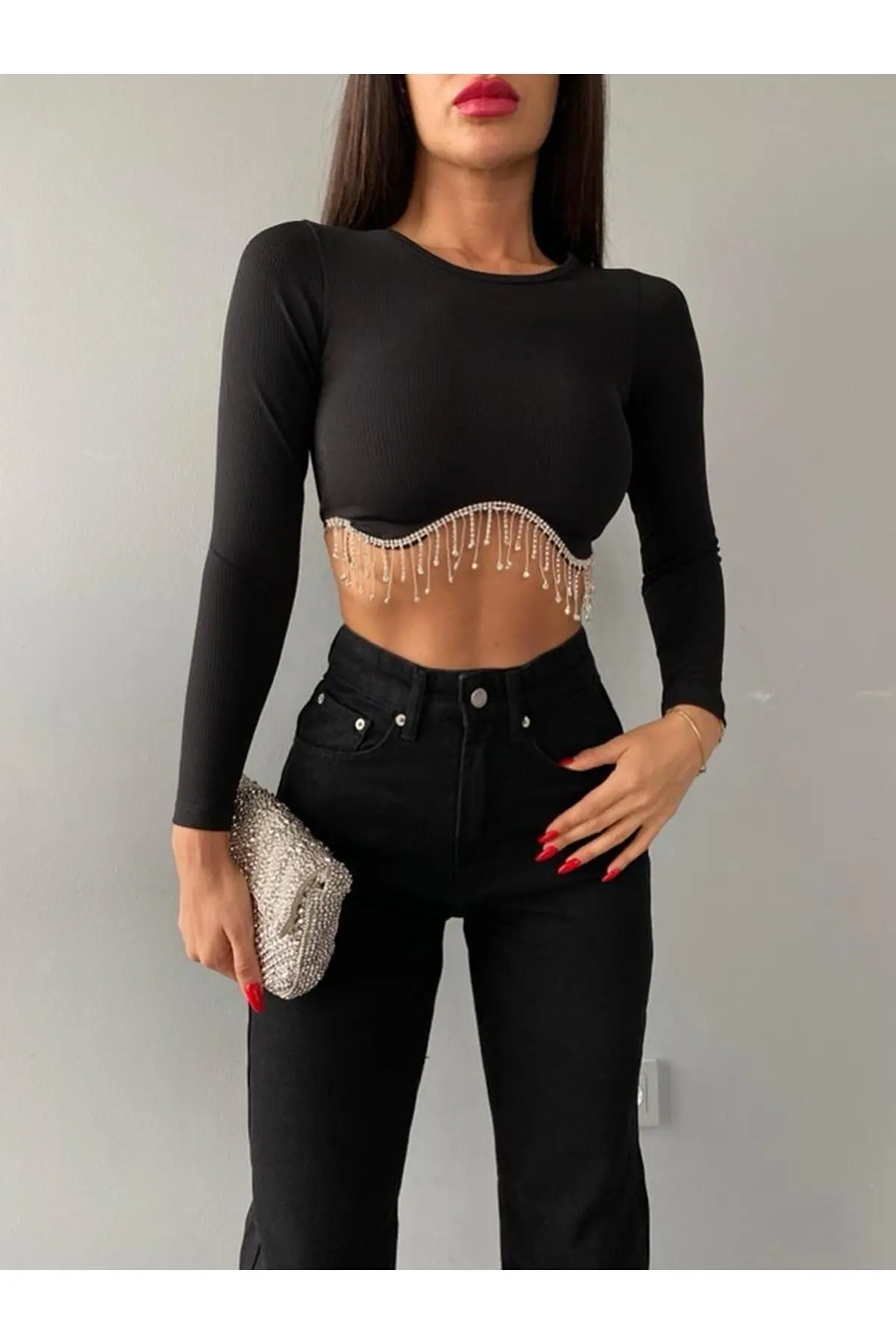 Women's Black Waist Chain And Stone Detailed Crop Blouse Camisole Fabric Ladies Tops