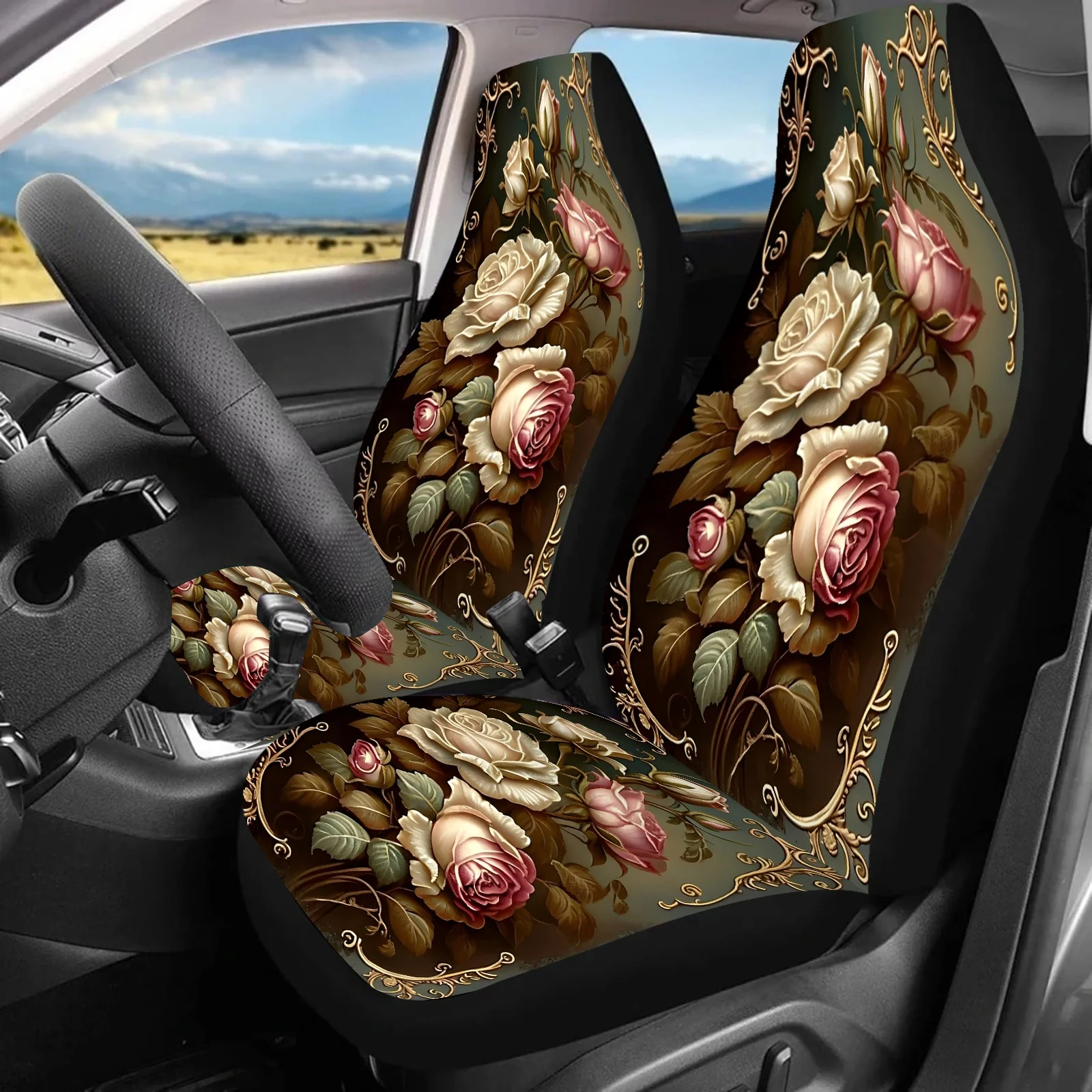 قطعتان من أغطية مقاعد السيارة المطبوعة بالفن الوردي للنساء والرجال، واقي المقاعد الأمامية للسيارات العالمية يناسب السيارات وسيارات الدفع الرباعي وسيارات السيدان والشاحنات، #1