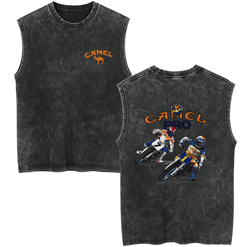 Camel Motocycle Vintage Washed Tank Tops Men Fashion Classic Oversized T Shirt Men's Casual High Quality Sleeveless Vest T-shirt