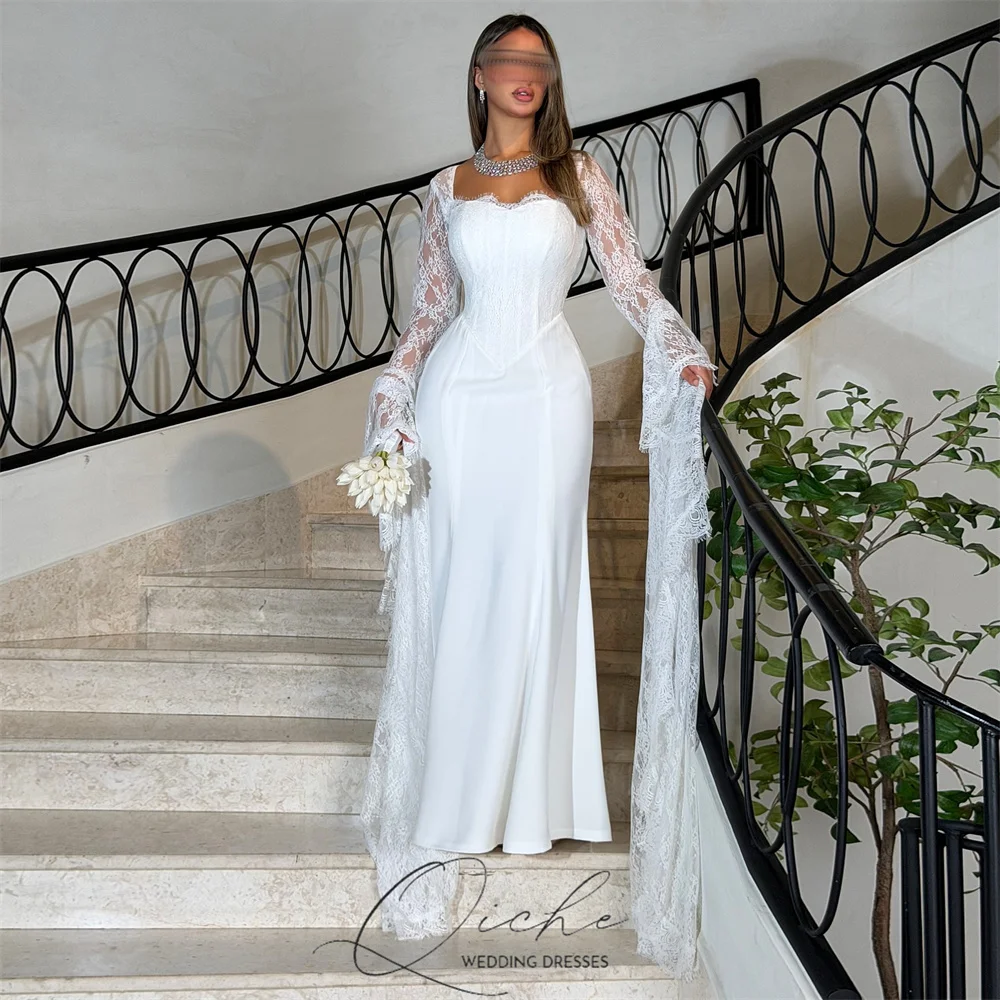 

QICHE Элегантные кружевные свадебные платья с длинными рукавами и мусульманской русалкой, милые скромные вечерние платья с иллюзией сзади по индивидуальному заказу