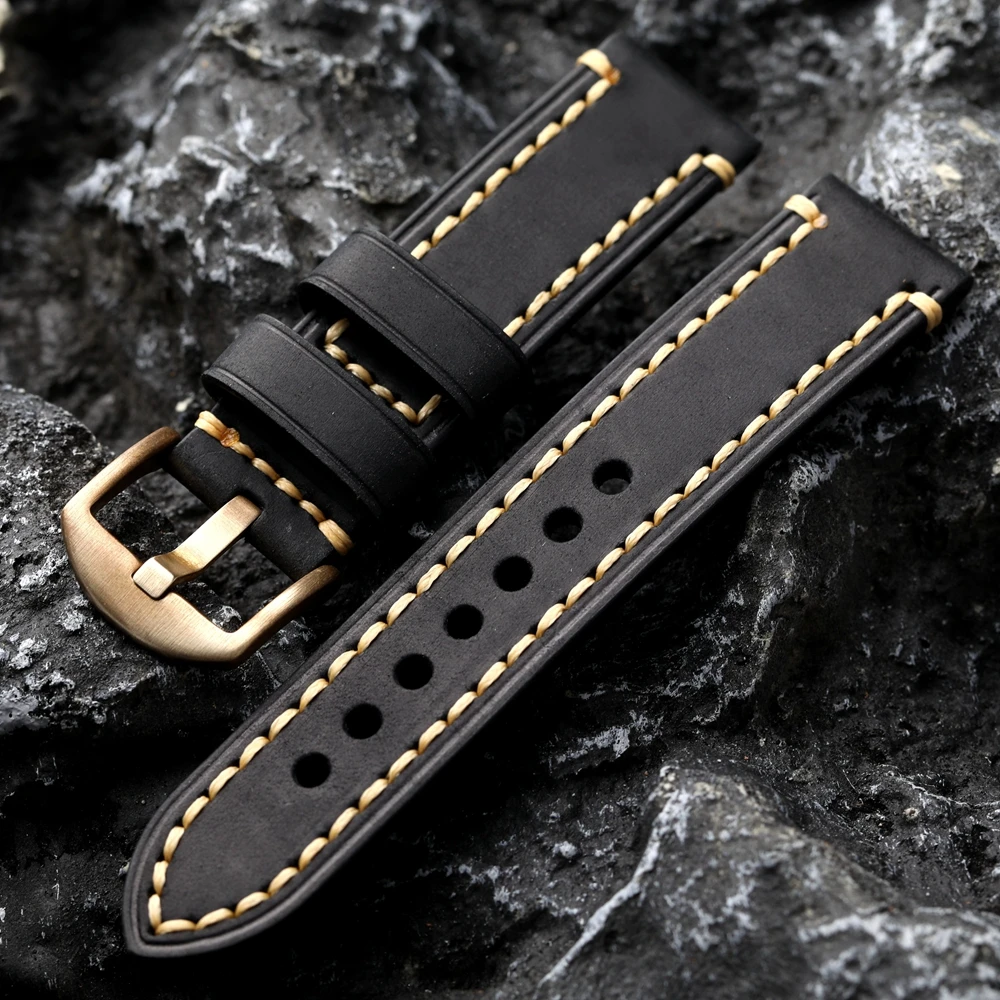 Handmade Head Layer Cowhide Watch Watchband 20 22 23 24 26MM Bronze Buckle Bracelet, Vintage Style, Brushed Leather Men Strap