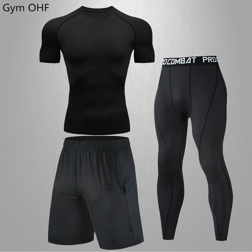 

T-shirt Shorts 3-piece Sets Men Sportswear Rashguard Jiu Jitsu BJJ Compression T Shirt+Leggings Set Mens Gym Running Sportsuits