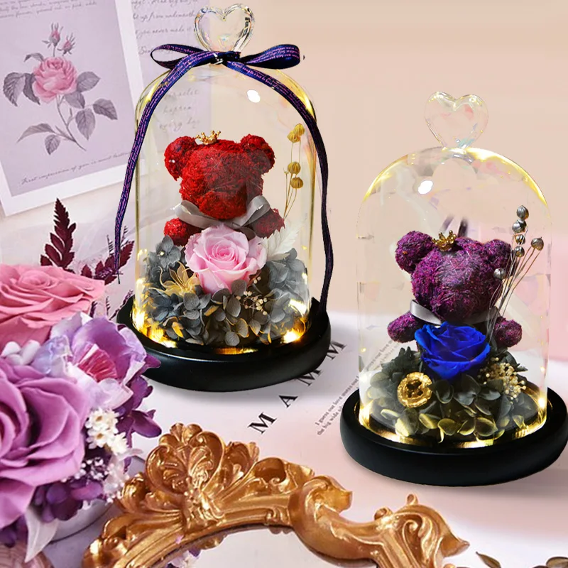 Eternal Preserved Flowers Bear,Rose Lovely Teddy Bear In Heart Glass Dome With LED,Beauty Beast Eternal Rose, Gifts for Women