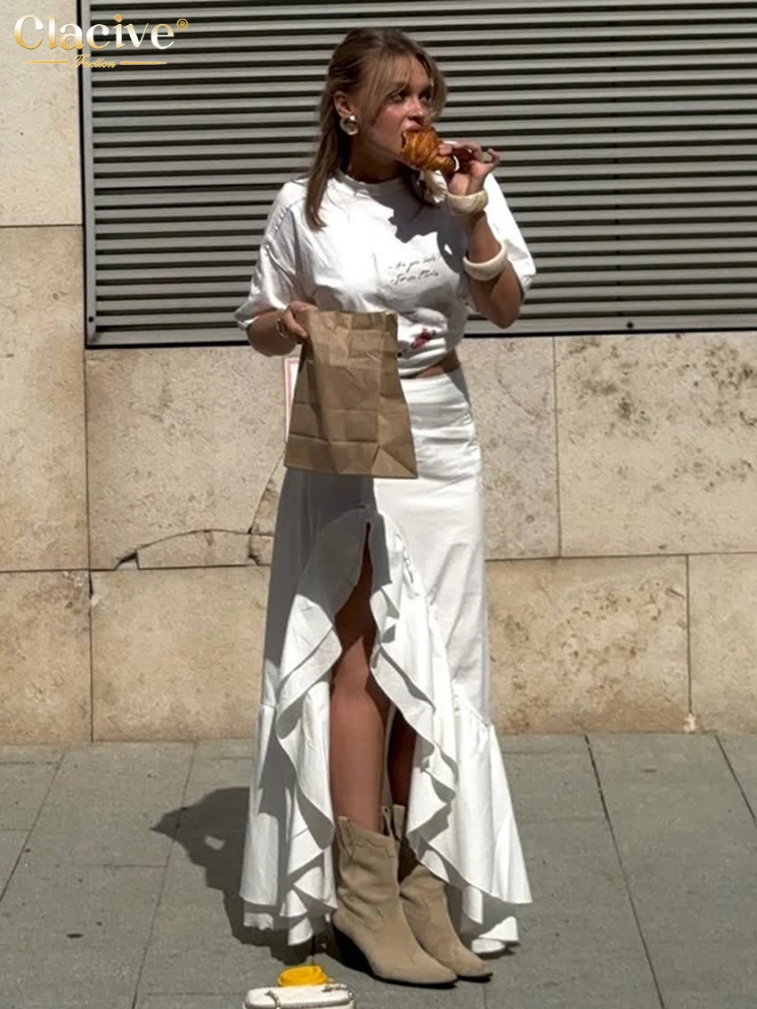 

Clacive Fashion Loose Black Cotton Skirts For Women 2025 Casual High Waist Long Skirt Elegant Ruffles Slit Skirt Female Clothing