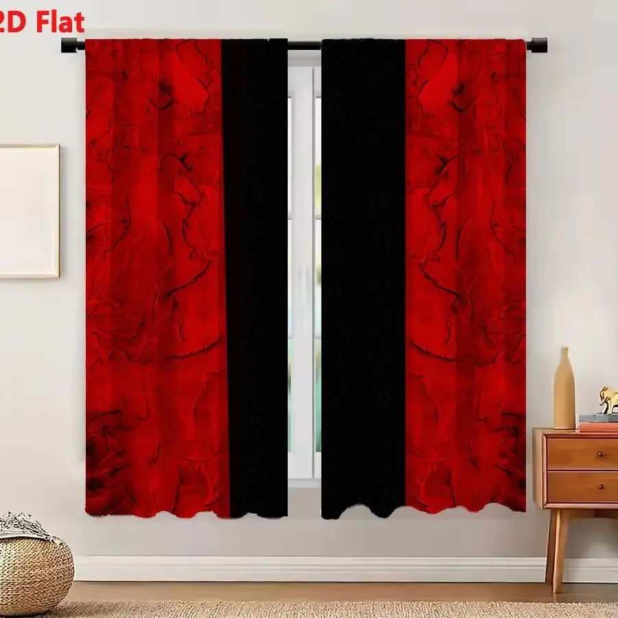 2Pcs Curtains 2D Flat Symmetrical Abstract Composition With Deep Red Swirling Texture And Central Black Stripe Window Drapes for