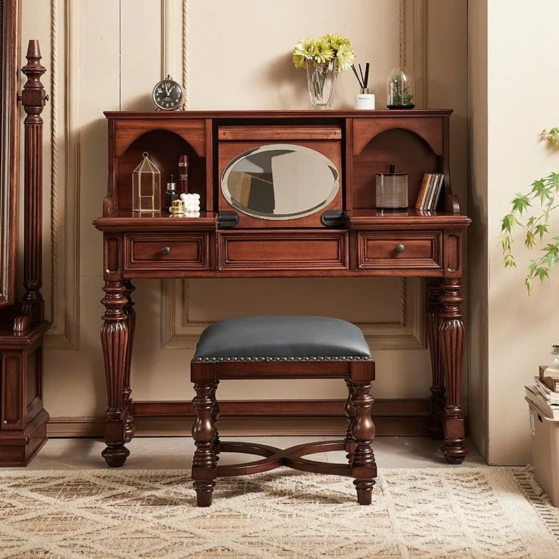 American retro all-solid wood dresser, flip-top makeup table, bedroom black walnut with rack, integrated dressing table