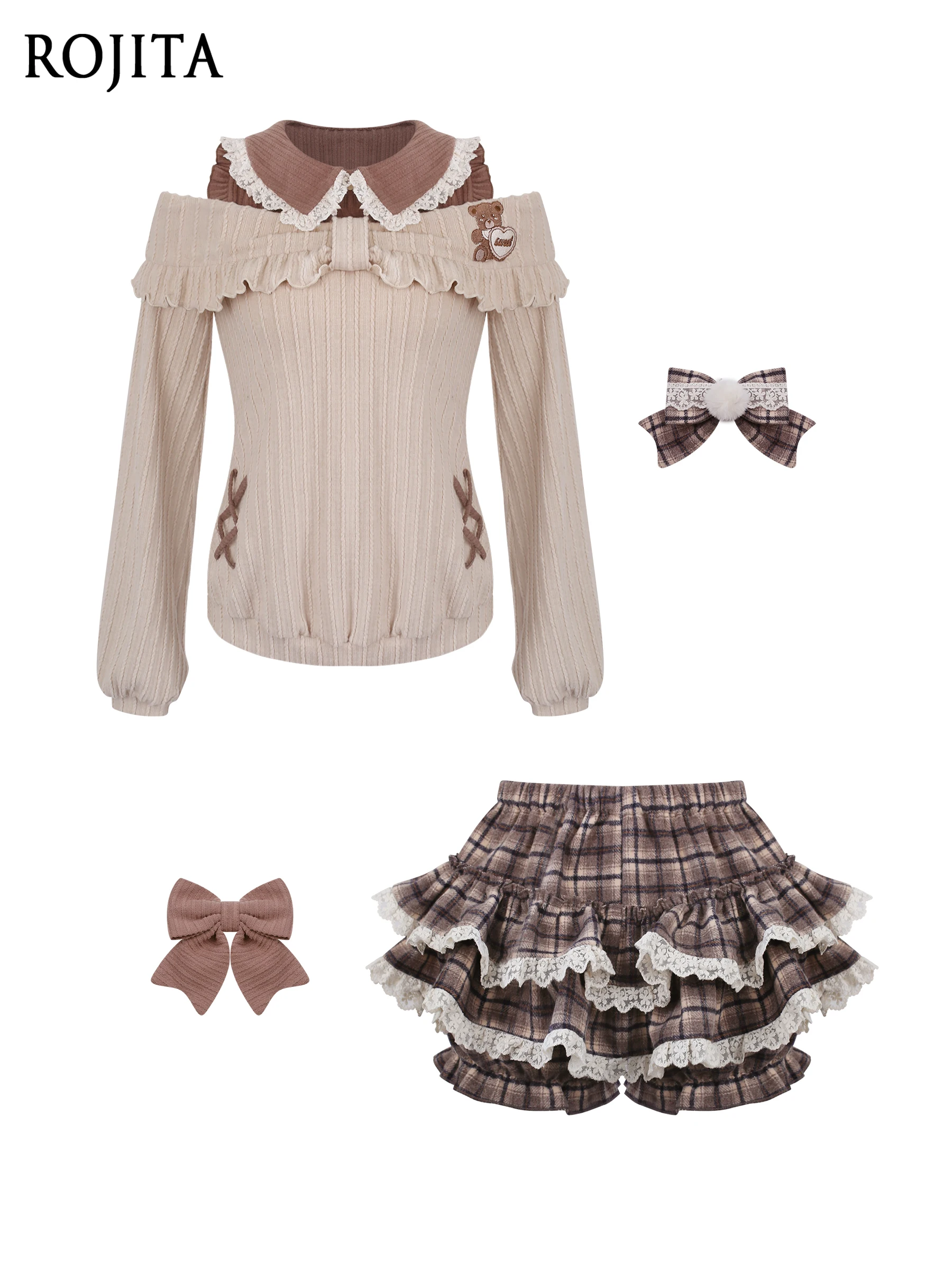 

Sweet Off-Shoulder Lolita Top Lace Trim Long Sleeve Top Kawaii Plaid Ruffle Lolita Bloomers High Waist Short Skirt