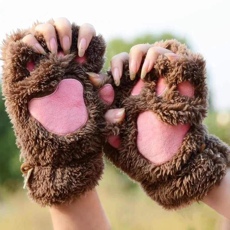 Winter Cute Cartoon Cat Girl Open Finger Cat Claw Warm Gloves Thickened Plush Bear Palm Half Finger Gloves