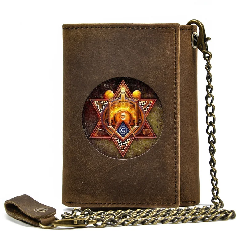 

Men Genuine Leather Wallet With Iron Chain Vintage Freemason Light Card Holder Short Purse BT1152