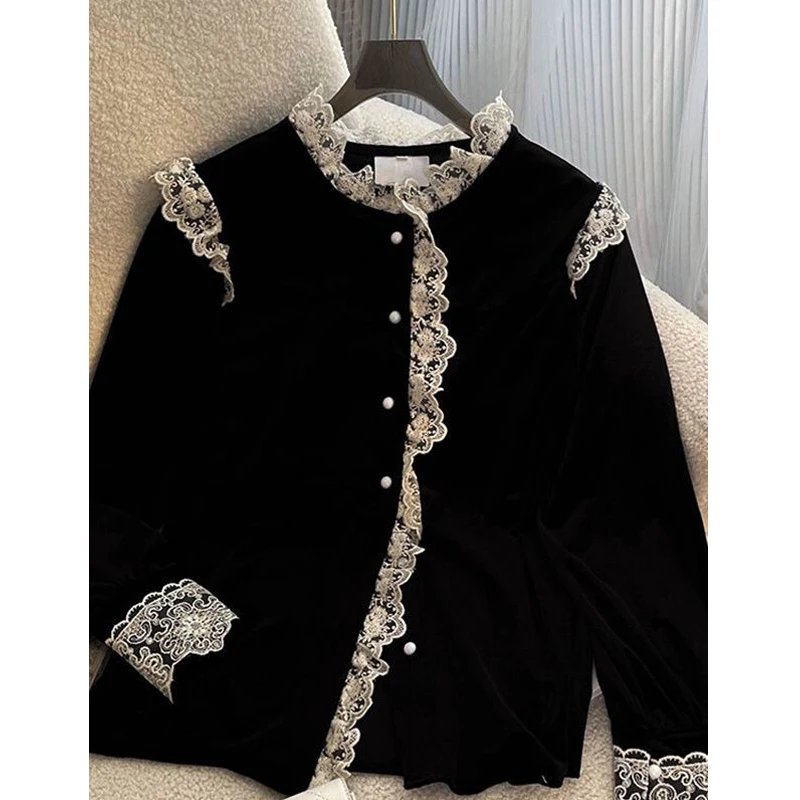 Spring Autumn New Stand Collar Fashion Long Sleeve Shirt Women Elegant Vintage Button Patchwork Cardigan High Street Lace Tops