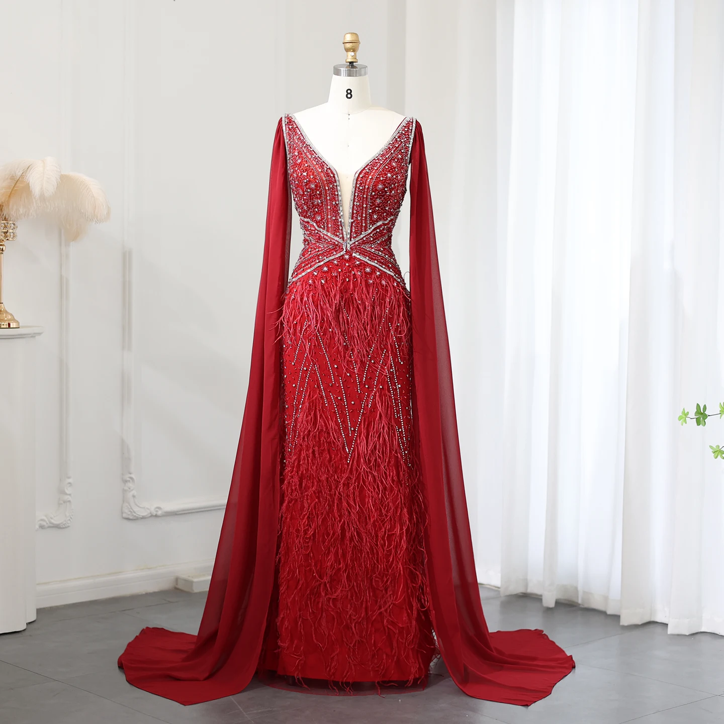 

Sharon Said Luxury Feathers Mermaid Wine Red Evening Dress with Cape Sleeves Prom Dresses for Wedding Party SS027 Customized