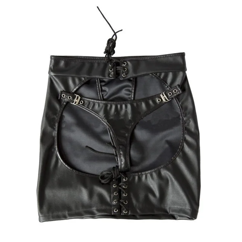 Woman Lingerie Faux Leather MiniSkirt Hips Hollow Out Sexy Short Skirts Role-Playing Cute Girl Type Crotchless Black Mini Skirt