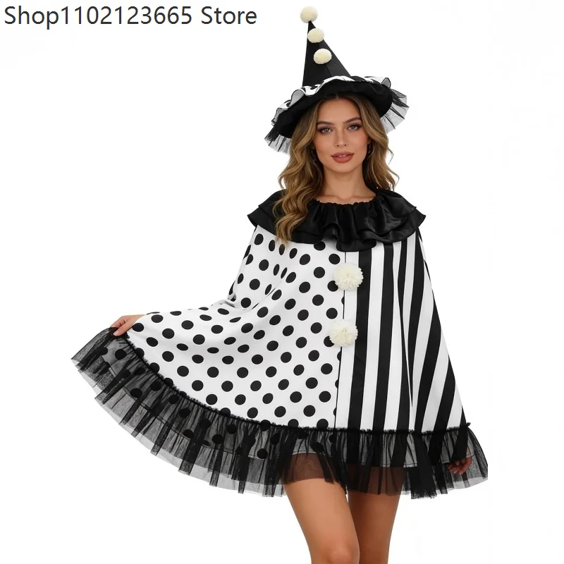 New Women's Artistic Clown Costume Set Cosplay Hat Jacket Spooky Stage Outfit Fun Halloween Party Witch Performance Cape 2026