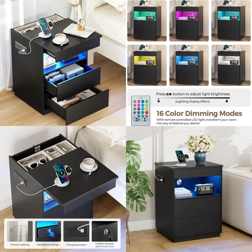 mesa de cabeceira moderna com chave com compartimento oculto, carregamento USB/tipo C e iluminação LED