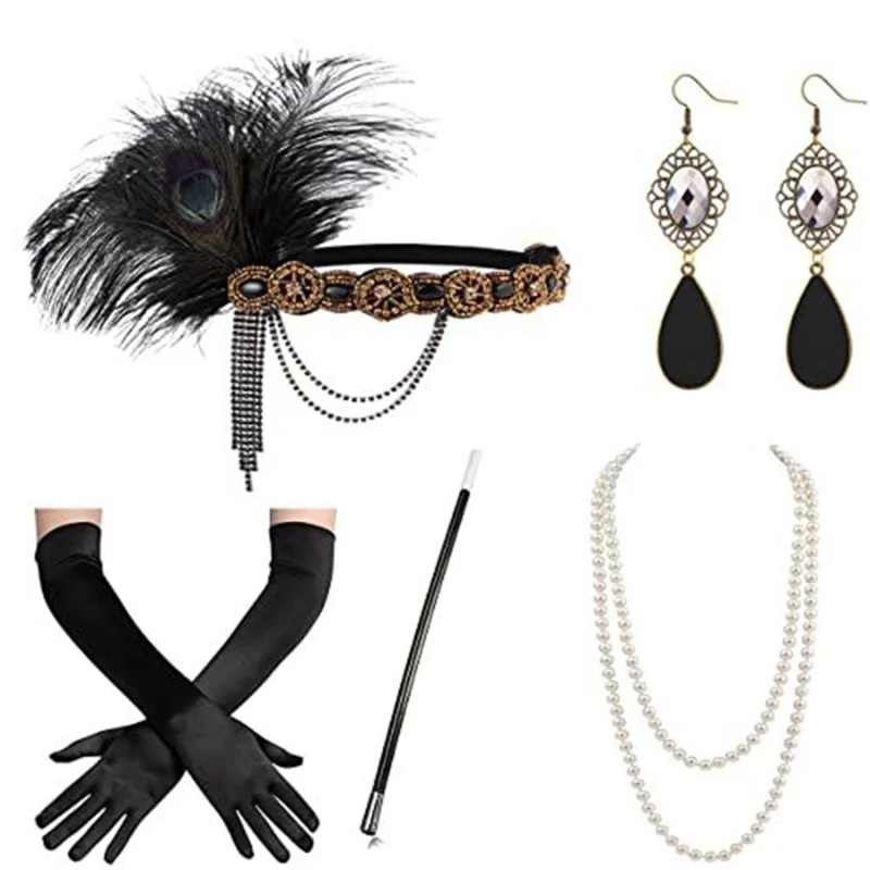 Accessori per Flapper da donna Gatsby Party Costume orecchini con fascia elastica in piuma