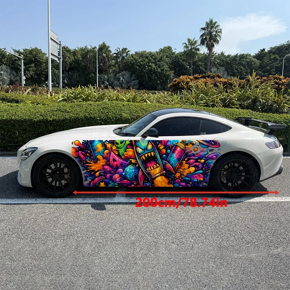 2Pcs Orange Blue Abstract Paint Streaks Car Side Stickers, Automotive Door Side Graphics for Cars, Car Decoration Accessory