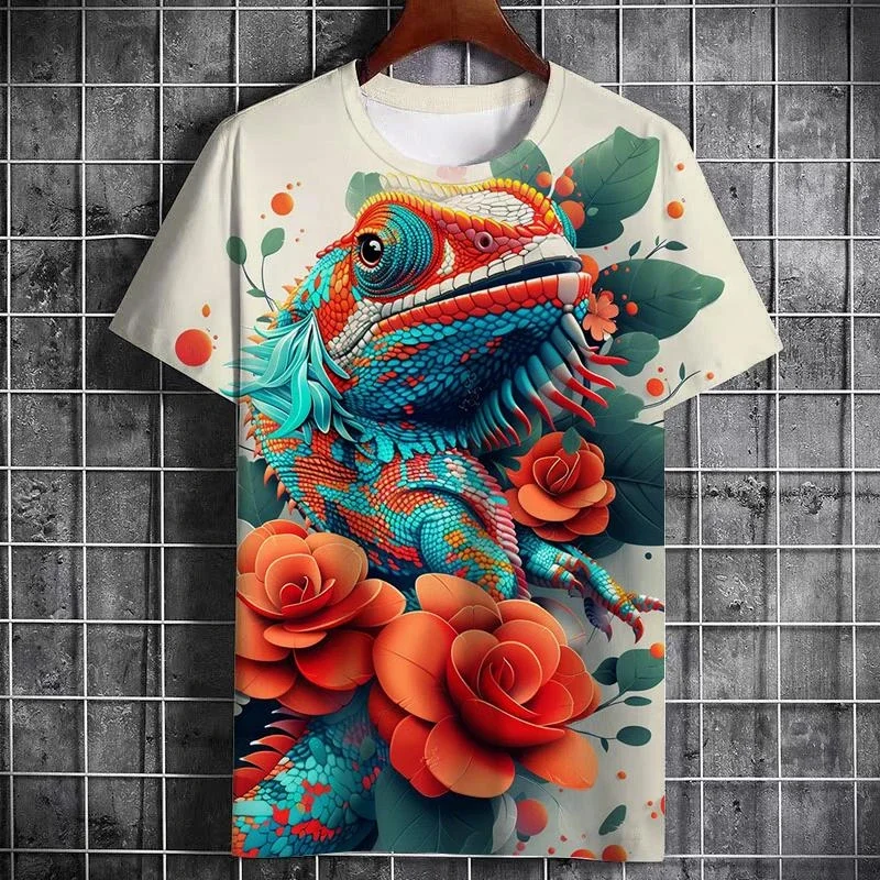Novelty Lizard Pattern T Shirt Men Summer Fashion 3D Printed Personality Animal Short Sleeve O Neck Casual Harajuku Y2k Kid Tops