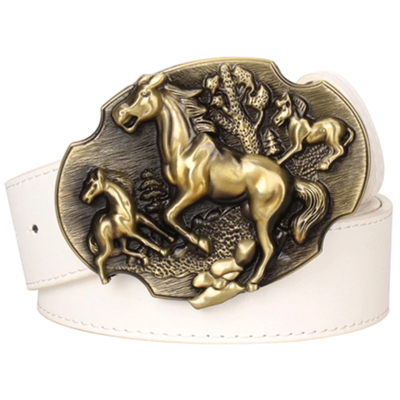 Golden Galloping Horse Leather Belt Wild Horse Run Mustangs Americans West Cowboy Style Waistband