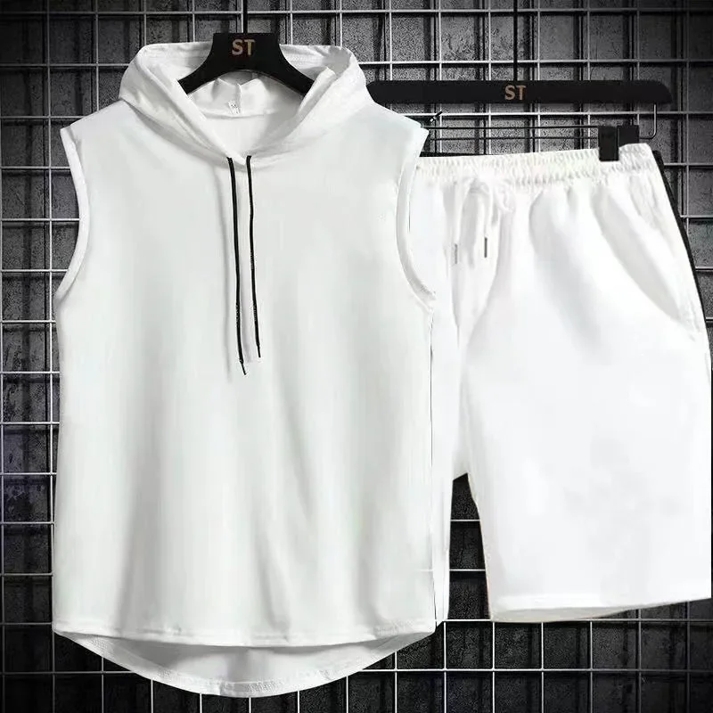

2025 new men's oversized sports suit sleeveless hooded T-shirt shorts sports vest two-piece set summer gym sports hooded