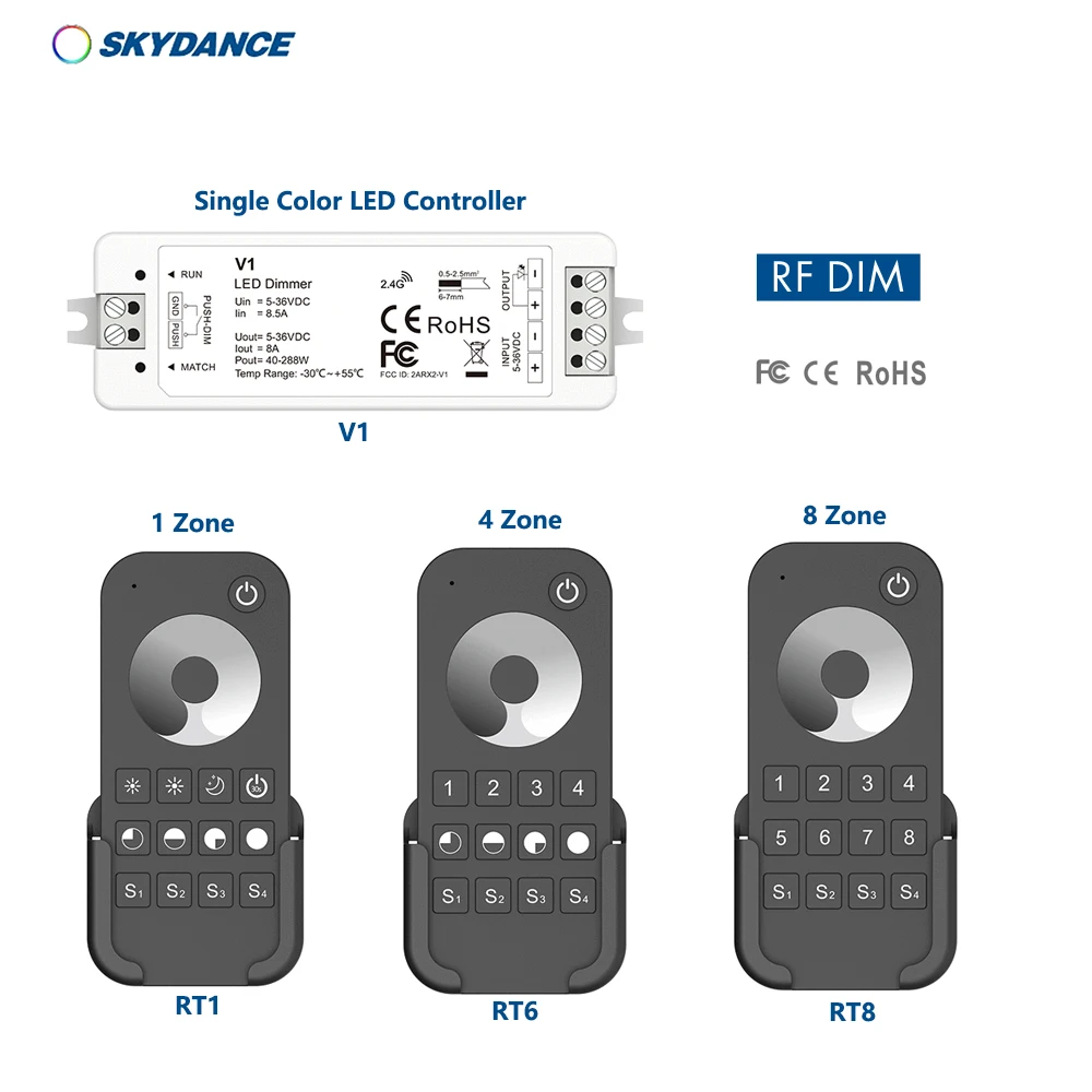 Skydance V1+RT1/RT6/RT8 DC5-36V 2.4GHzRF+Push Dim 0-100% Constant voltage 8A Dimming Controller For Single Color LED Strip Light