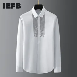 IEFB Men's Wear Black And White Rhinestone Hot Stamping High Quality White Shirt  2023 Autumn New Tops fit Blouse 9Y5555